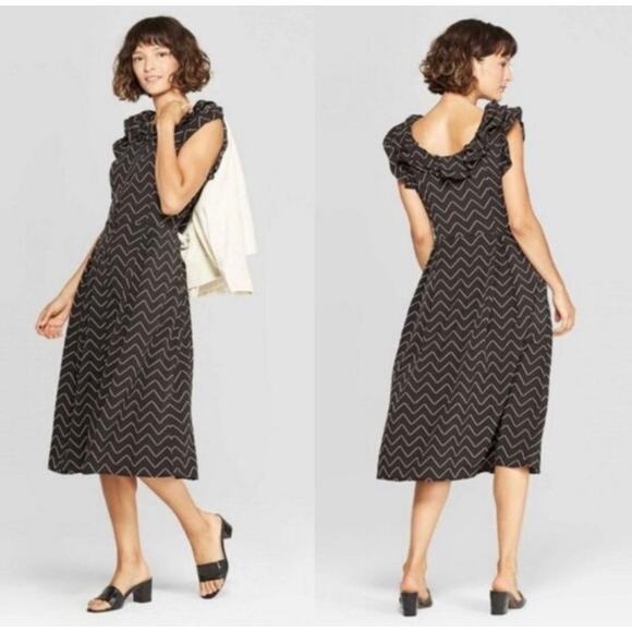 Who What Wear Black Chevron Stripe Dress Midi Button Front XXL Cap sleeve Ruffle - Picture 1 of 5